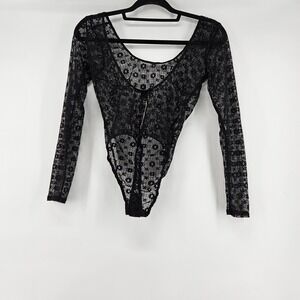 VICTORIAS‎ SECRET Black Lace Long Sleeve Bodysuit Teddy Sheer Sexy Lingerie XS